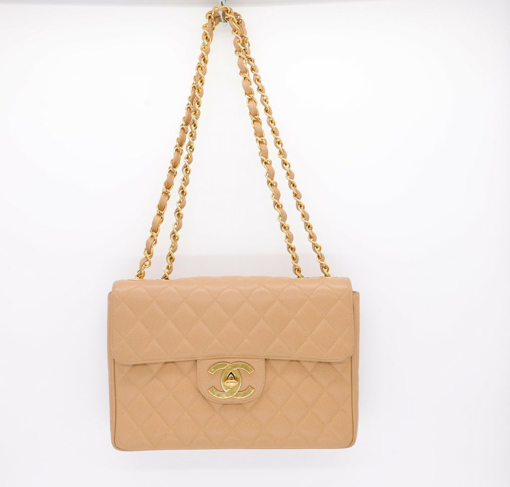 Chanel Vintage 1990s Caviar Ligt Beige Jumbo Single Classic Flap Bag