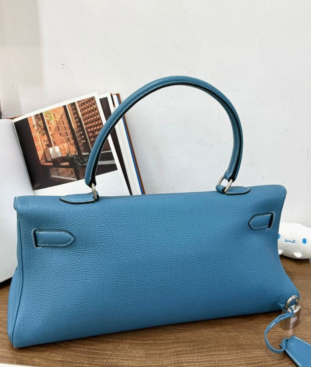 Hermes shoulder Kelly blue denim Togo leather palladium hardware