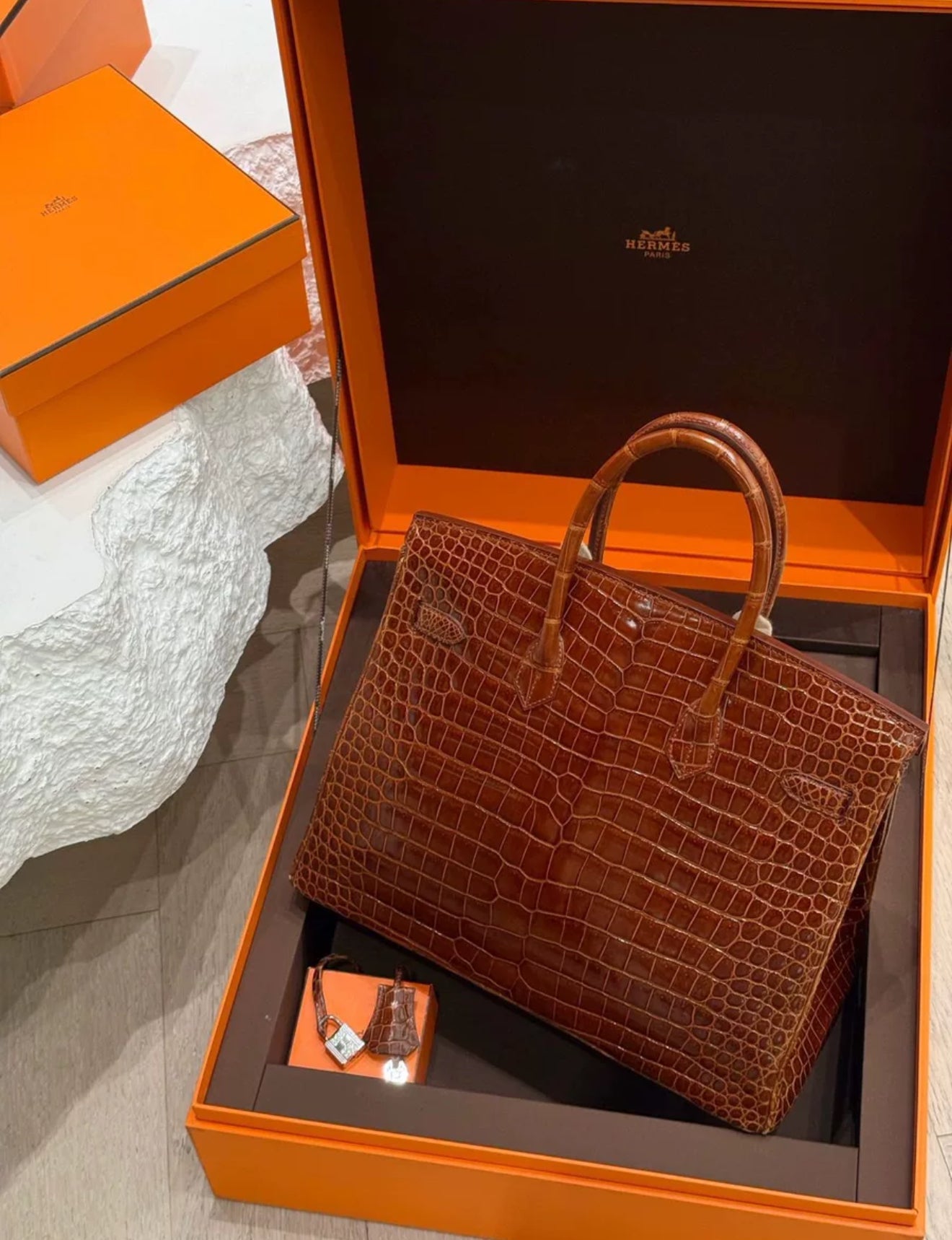 Hermes Birkin 35 Miel Honey Brown Shinny Crocodile Leather with Diamond Hardware