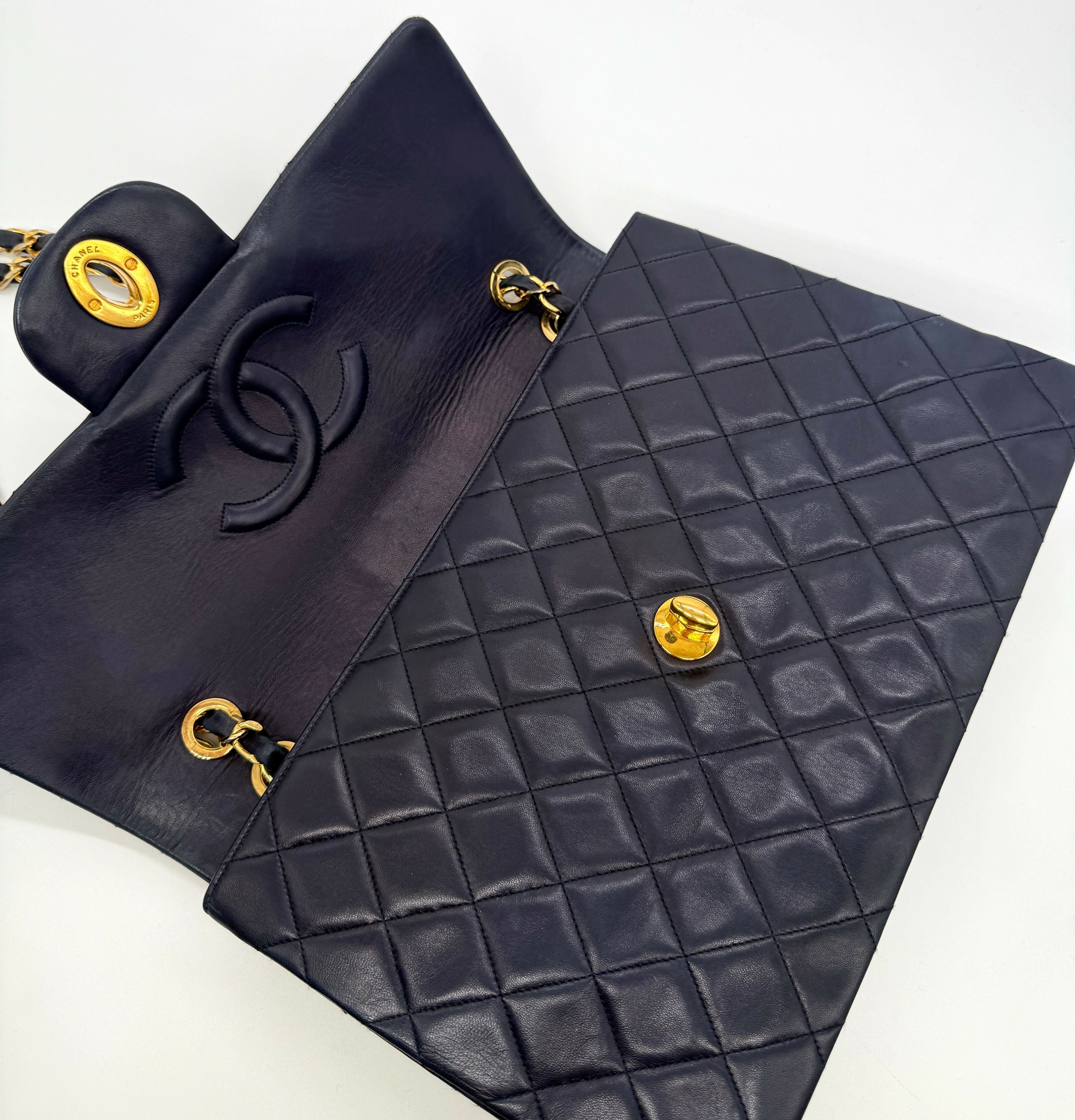 Chanel Vintage 1980s Navy Lambskin Maxi Classic Single Flap- Series 1