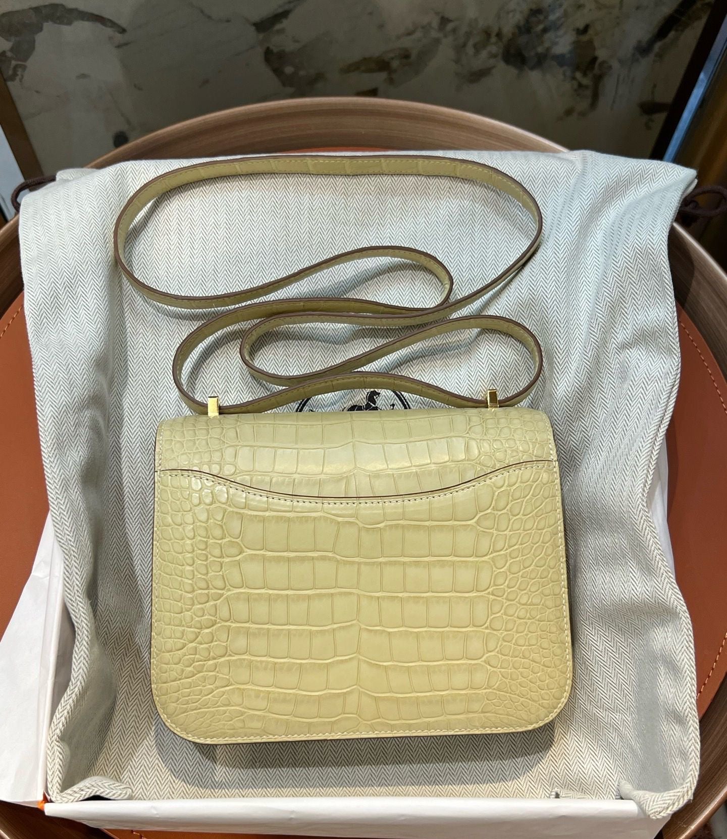 Hermes Constance Y1 Vanille Matte Crocodile Leather Gold Hardware