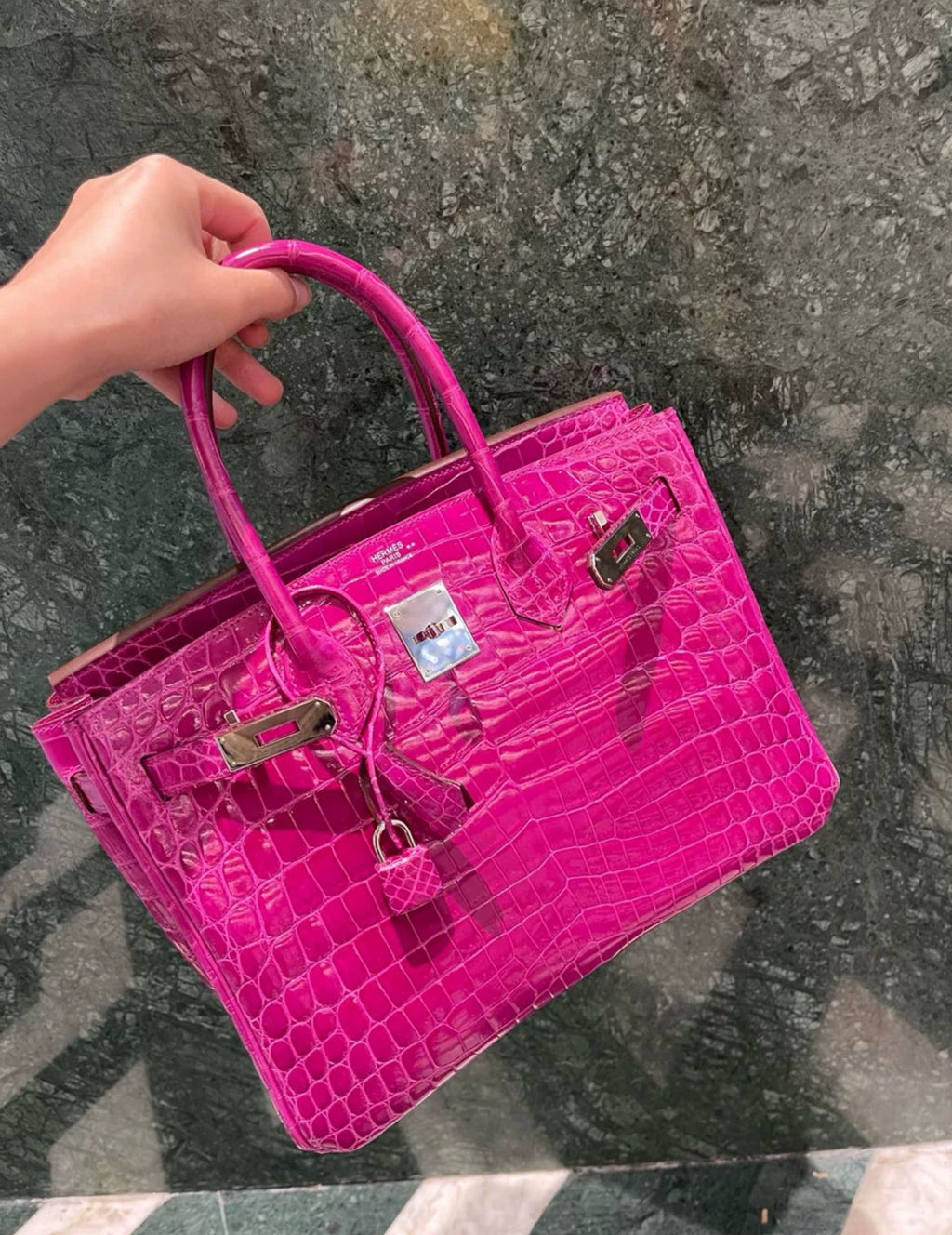 HERMÈS Birkin 30 Rose Scheherazade (J5) Shiny Niloticus Crocodile Palladium hardware