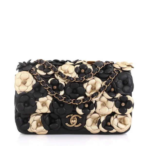 Chanel 2019 Metallic Gold & Black Lambskin Camellia Appliqué Medium Flap Bag