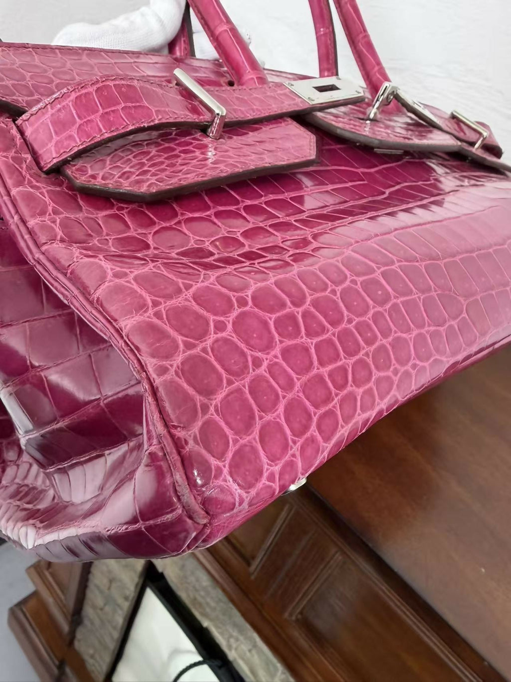 Hermes Birkin shoulder Rose Scheherazade Pink Crocodile Leather Palladium Hardware
