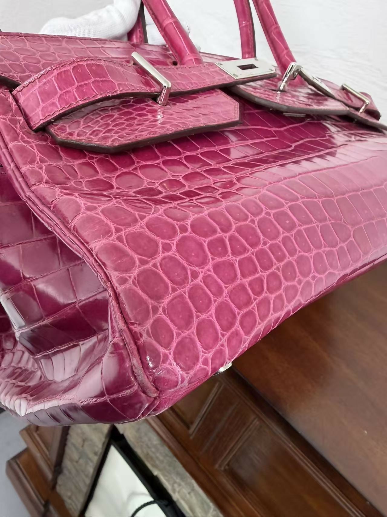 Hermes Birkin shoulder Rose Scheherazade Pink Crocodile Leather Palladium Hardware