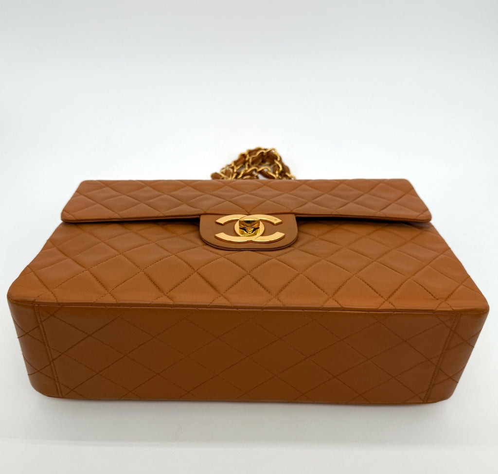 Chanel Vintage 1990s Caramel Brown Lambskin Maxi Single Classic Flap Bag - Series 2