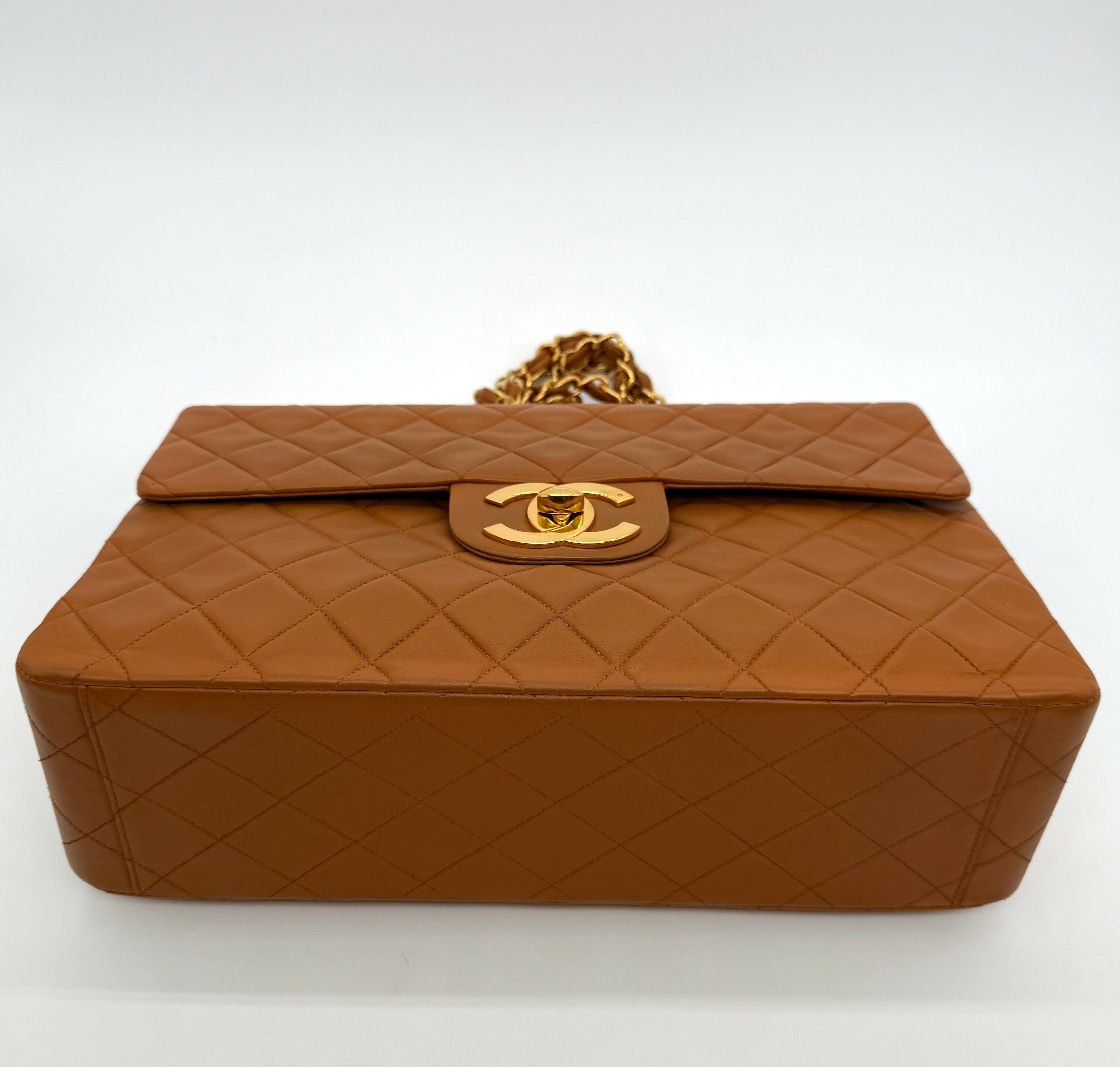 Chanel Vintage 1990s Caramel Brown Lambskin Maxi Single Classic Flap Bag - Series 2