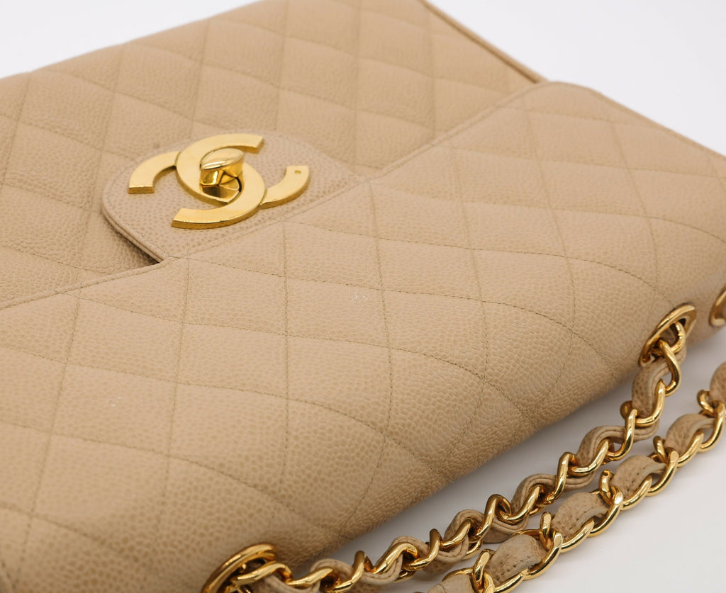 Chanel Vintage 1990s Caviar Dark Beige Jumbo Single Classic Flap Bag