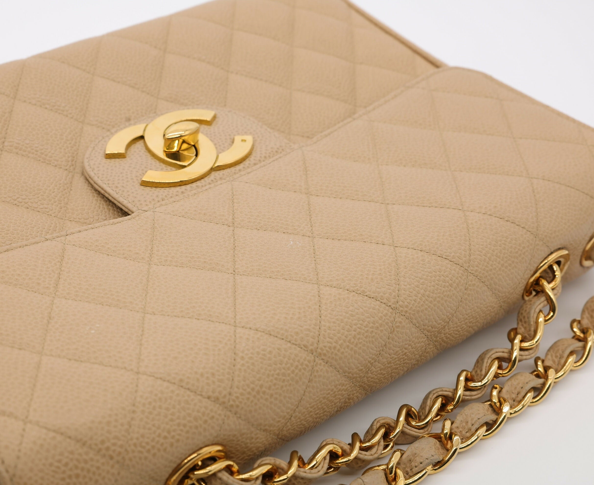 Chanel Vintage 1990s Caviar Dark Beige Jumbo Single Classic Flap Bag