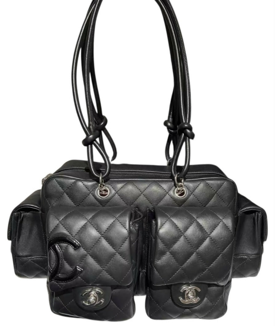 Chanel 2005 Small Cambon Reporter Black Lambskin Handbag SHW