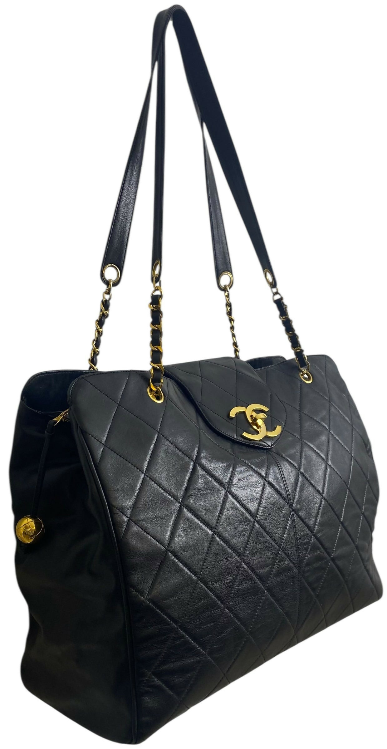 Chanel Vintage Supermodel 90’s Black XL Quilted Weekender Tote Bag 24K Gold Hardware