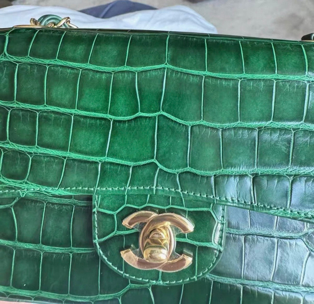 Chanel green alligator leather gold hardware mini flap bag