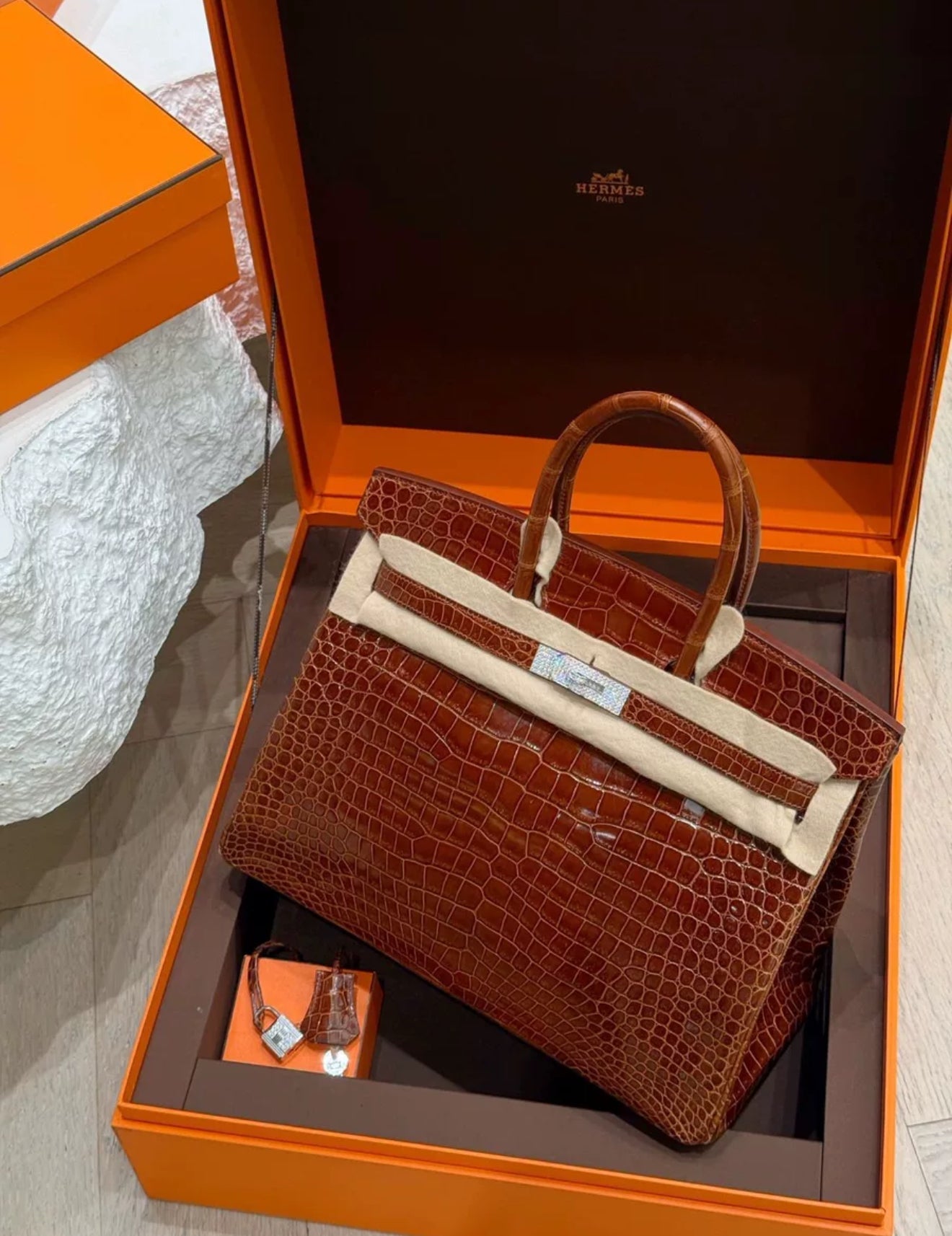 Hermes Birkin 35 Miel Honey Brown Shinny Crocodile Leather with Diamond Hardware