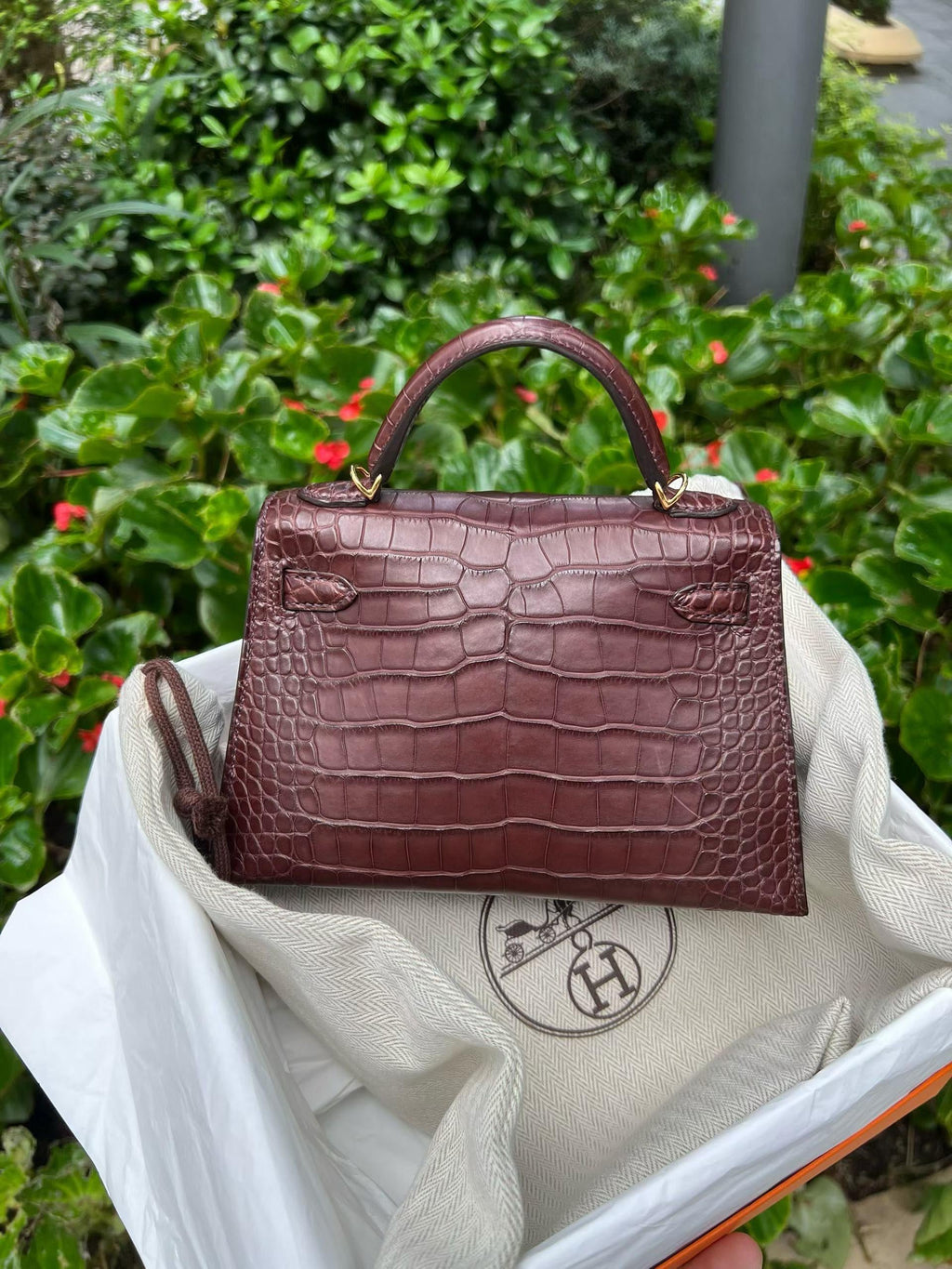Hermes Mini Kelly 20 Havana Matte Alligator Leather Gold Hardware