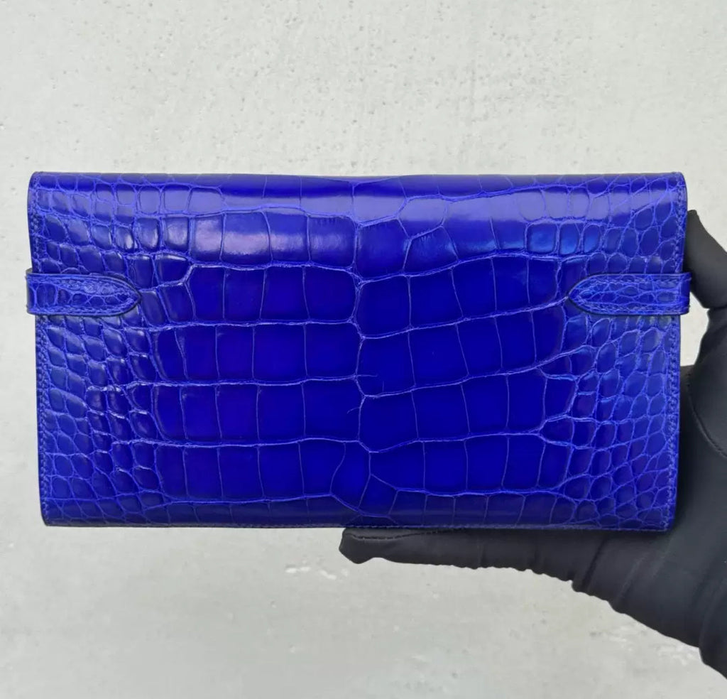 Hermès Kelly long electric blue shiny crocodile leather gold hardware