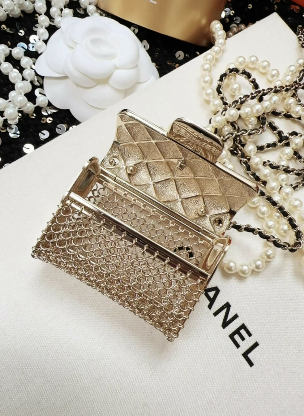 Chanel 21SS Silver Metal, Black Leather, and Imitation Pearl Classic Flap Micro Bag Necklace