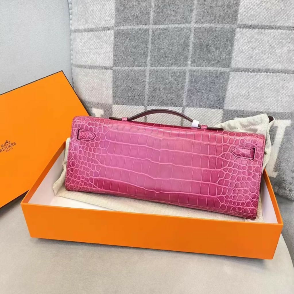 Hermes kelly cut 5J Fushia Shiny Crocodile Leather Palladium Hardware