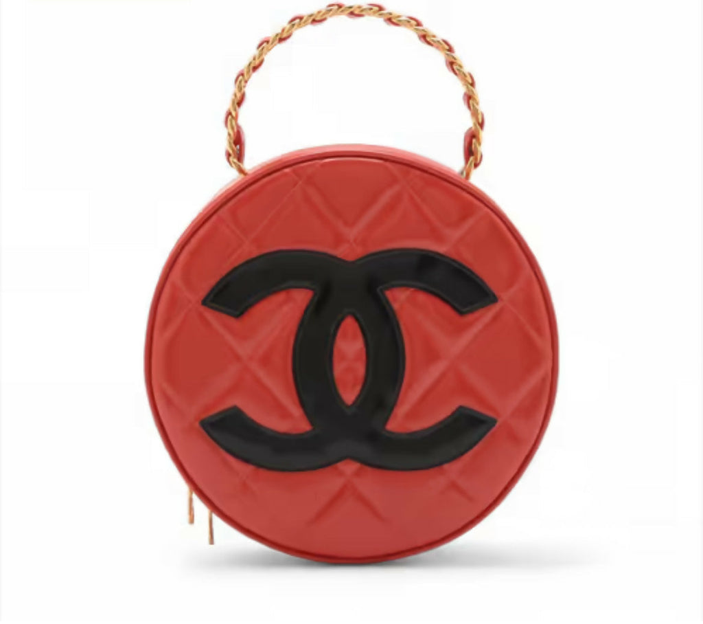 Chanel Vintage Coco Mark Patent Leather Red Round Red Vanity Handbag with Gold Hardware