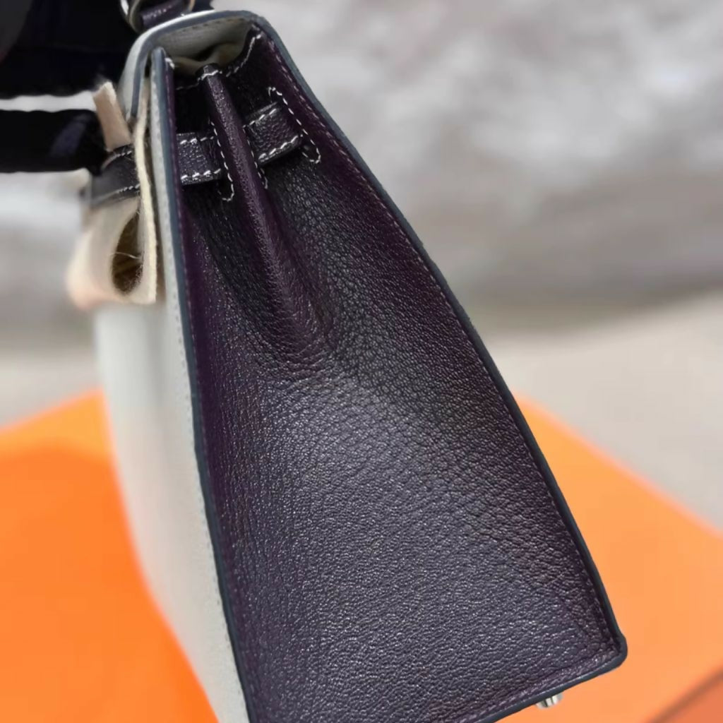 Hermès Special Order (HSS) Kelly Sellier 25 Gris Perle and Cassis Chevre Mysore Palladium Hardware