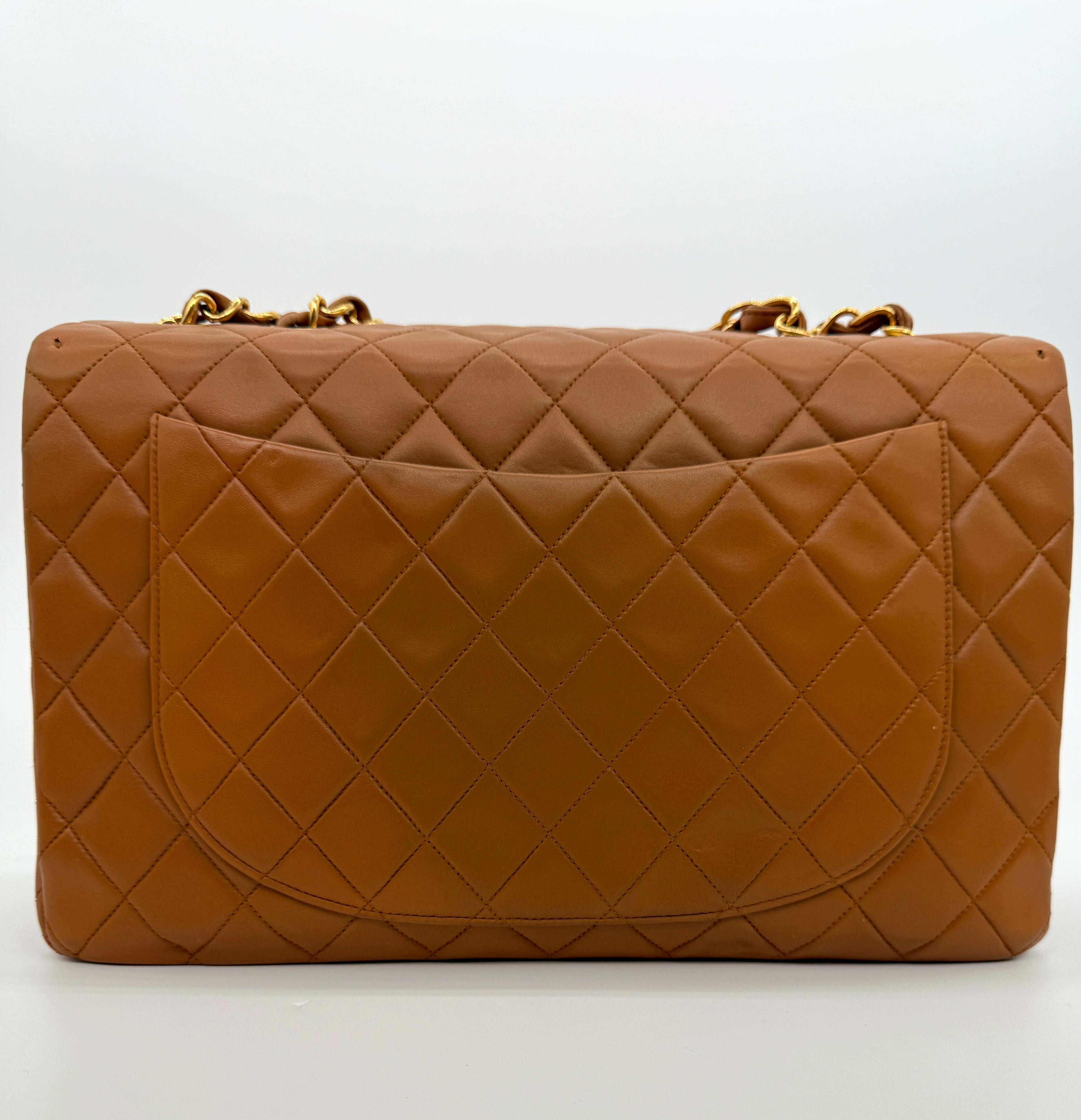 Chanel Vintage 1990s Caramel Brown Lambskin Maxi Single Classic Flap Bag - Series 2
