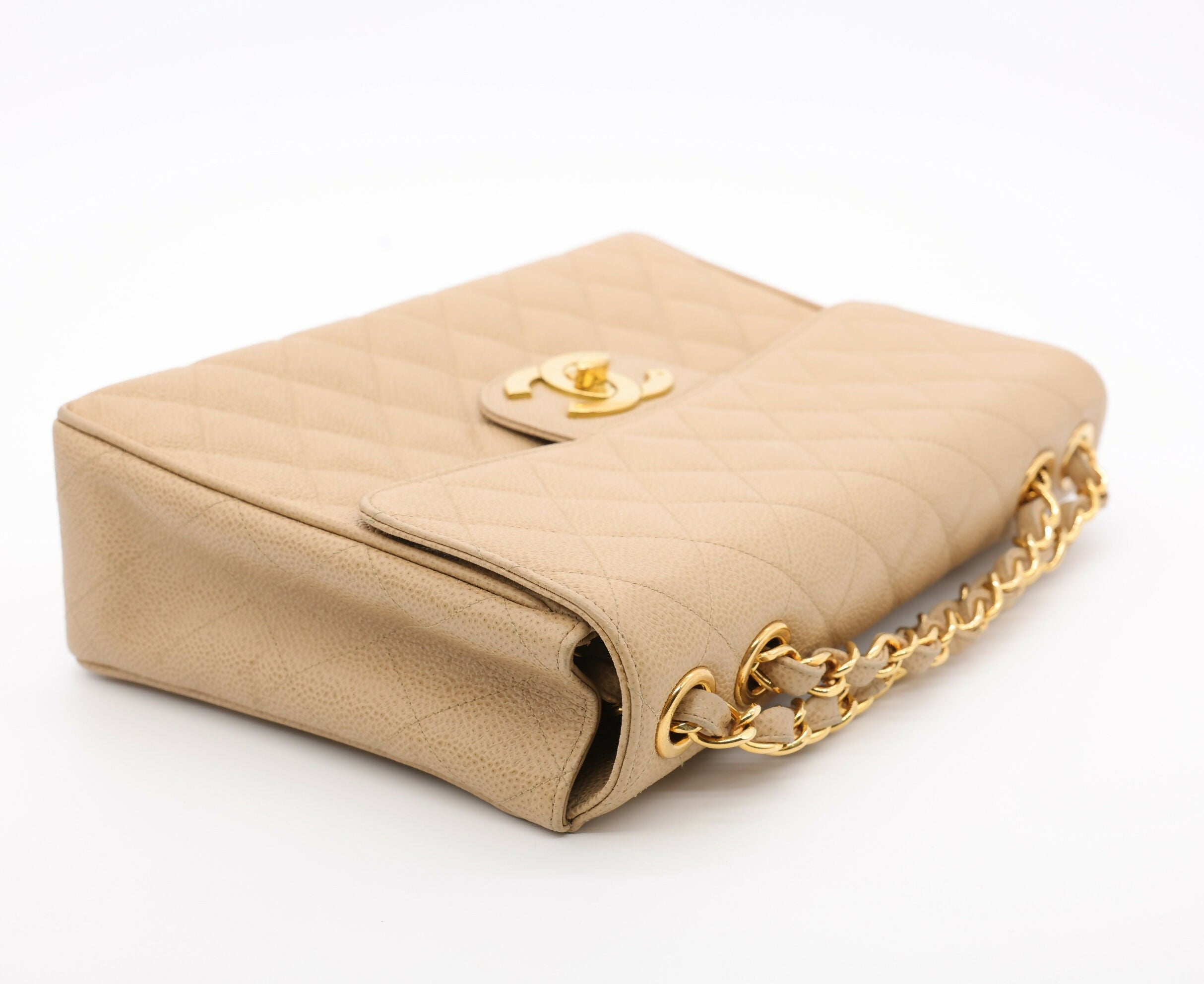 Chanel Vintage 1990s Caviar Dark Beige Jumbo Single Classic Flap Bag