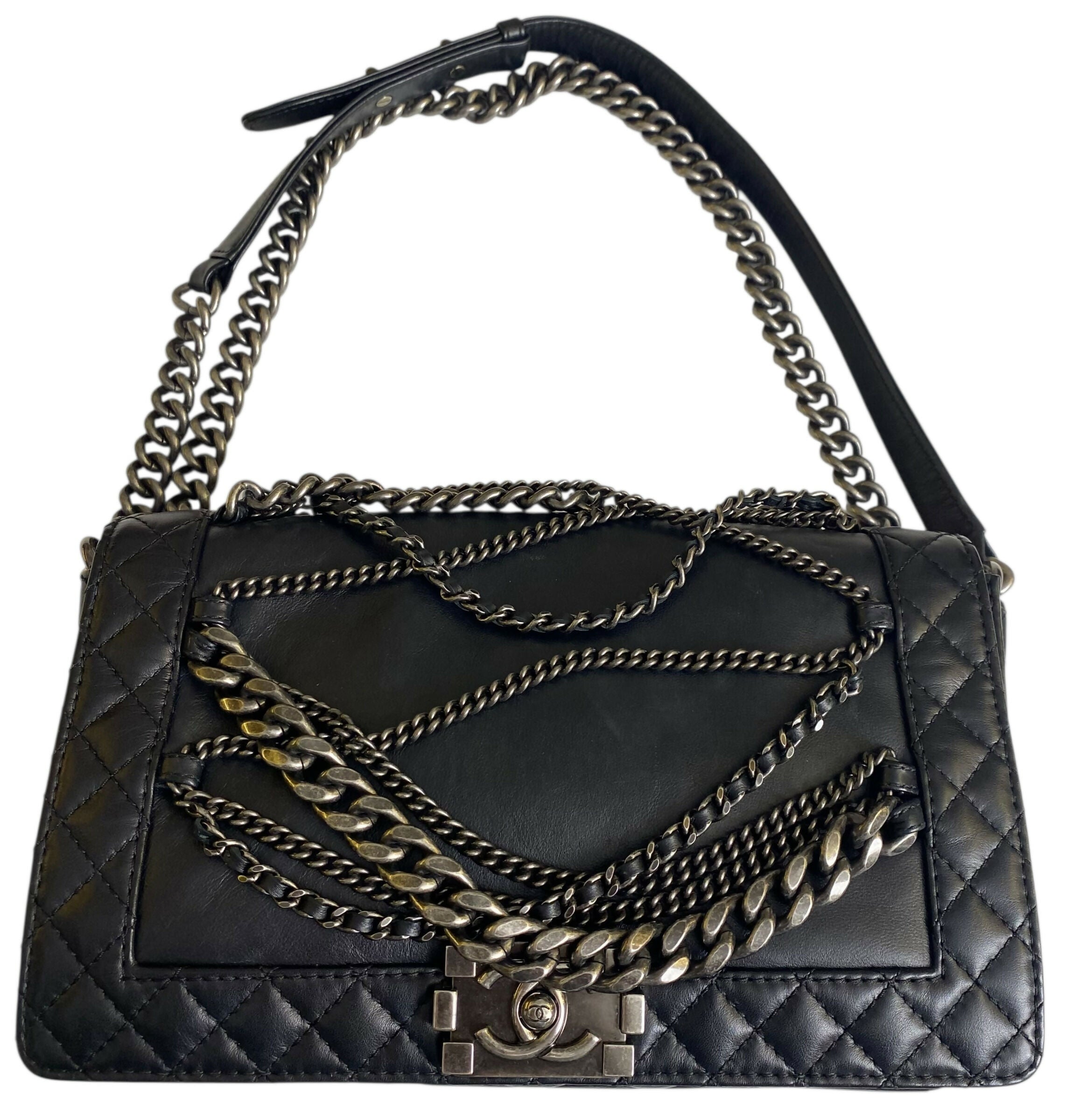 Chanel 13A Enchained Boy Bag Black Leather Old Medium Flap Bag