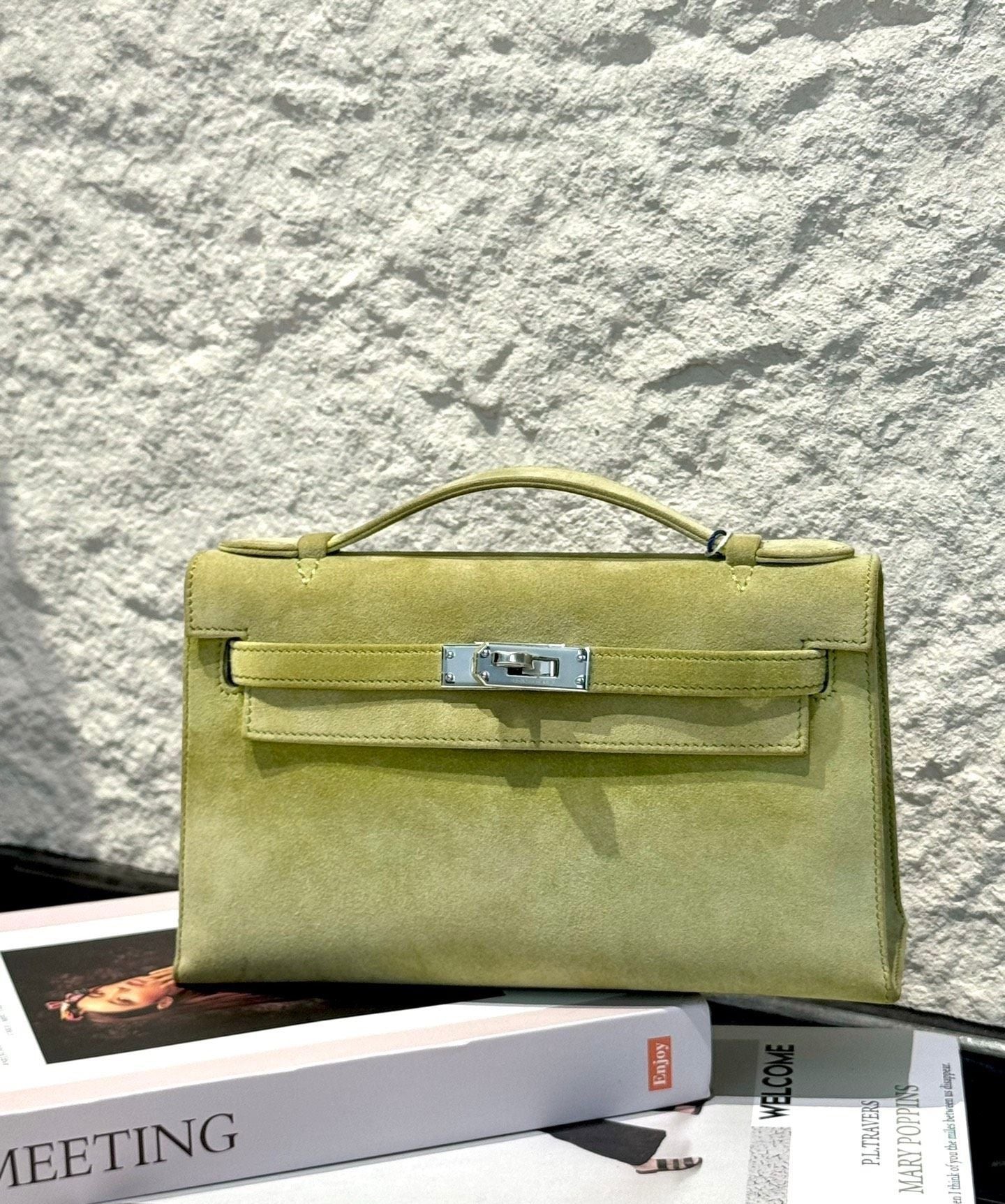 HERMÈS KELLY POCHETTE DOBLIS SUEDE PALLADIUM HARDWARE