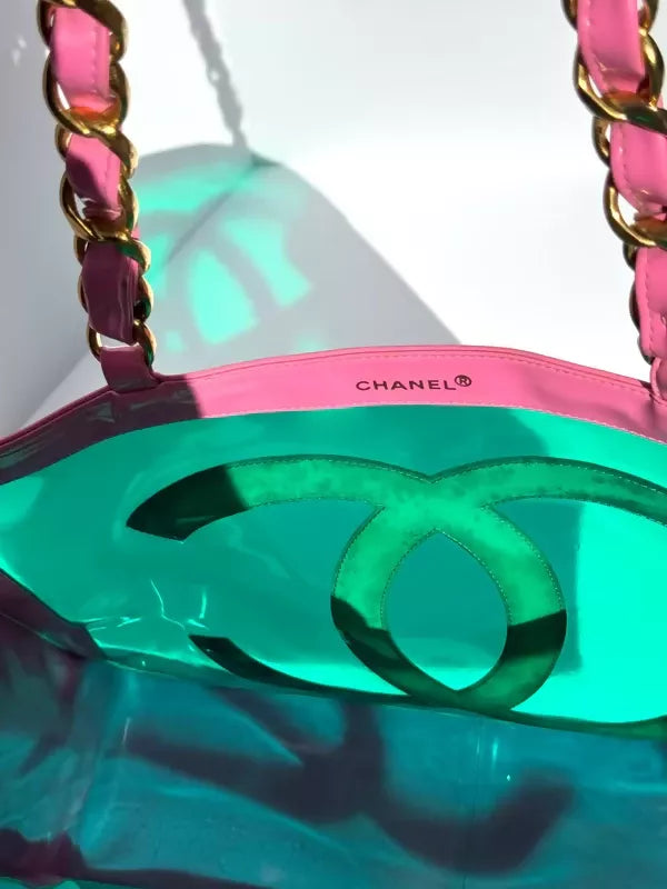 Chanel 1995 Spring/Summer Barbie Collection Vintage Pink Patent and Green PVC Tote