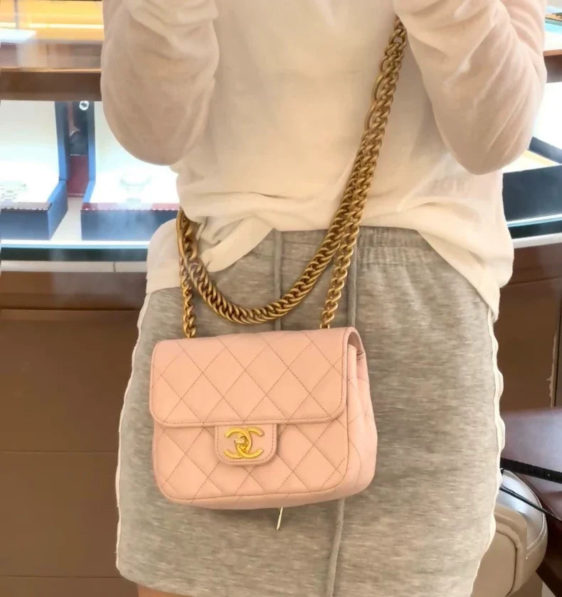 Chanel 23s double chain pink gold quilted leather gold hardware shoulder bag