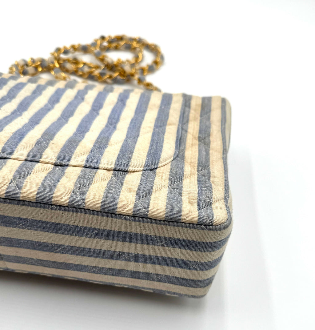 Chanel Vintage 1990s Blue and White Striped Linen Jumbo Single Classic Flap Bag