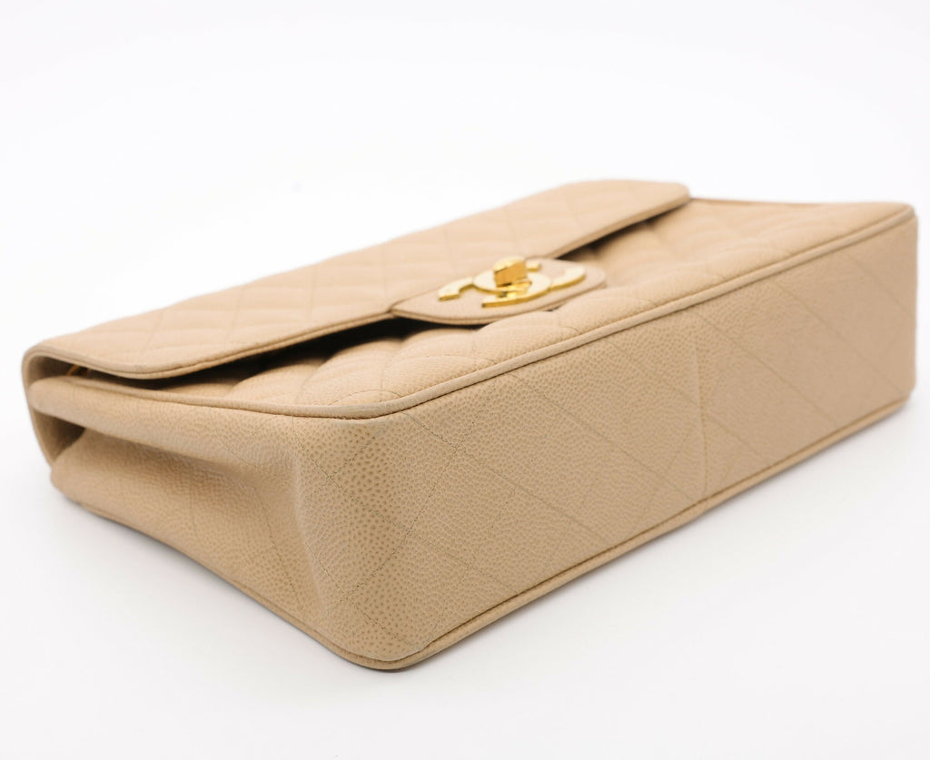 Chanel Vintage 1990s Caviar Dark Beige Jumbo Single Classic Flap Bag