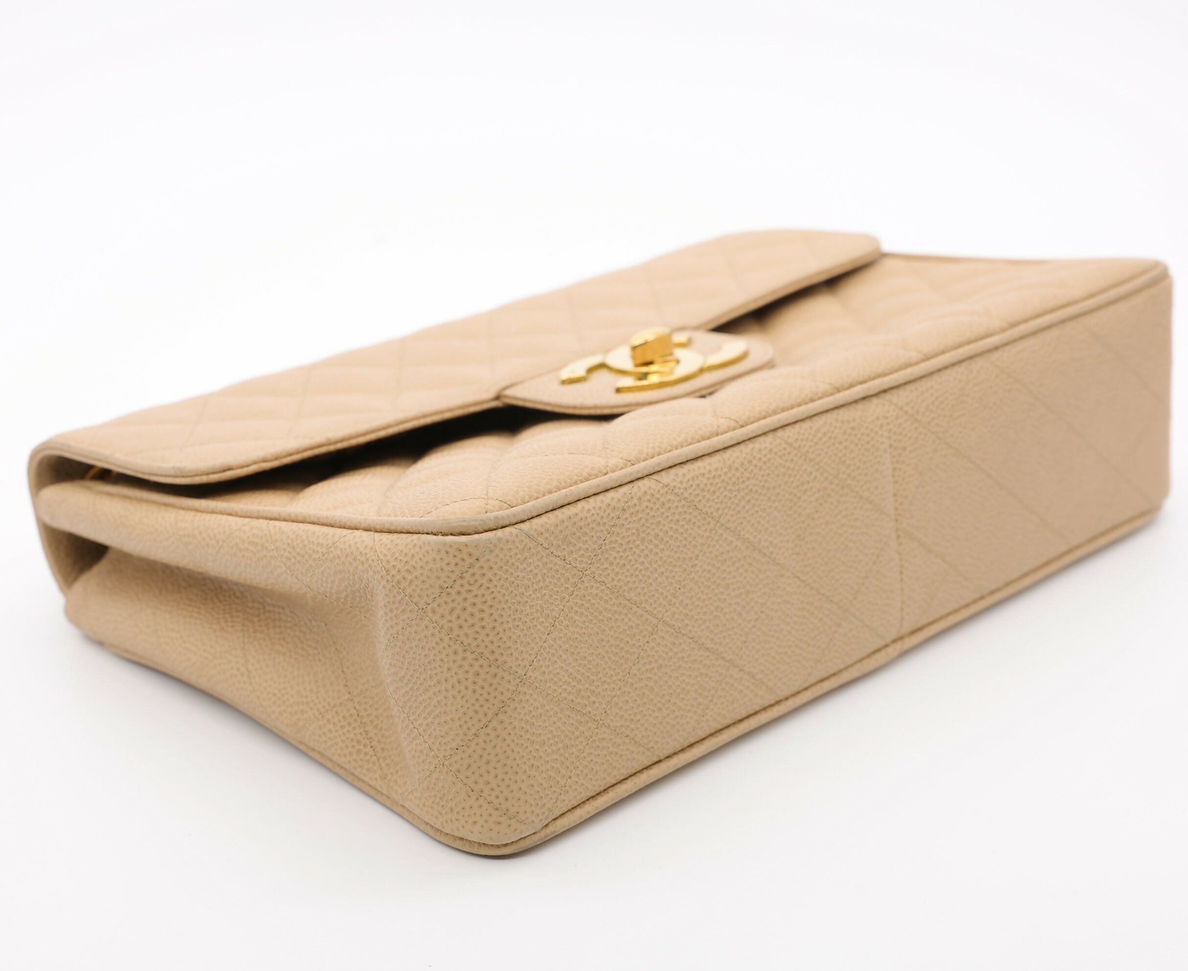 Chanel Vintage 1990s Caviar Dark Beige Jumbo Single Classic Flap Bag