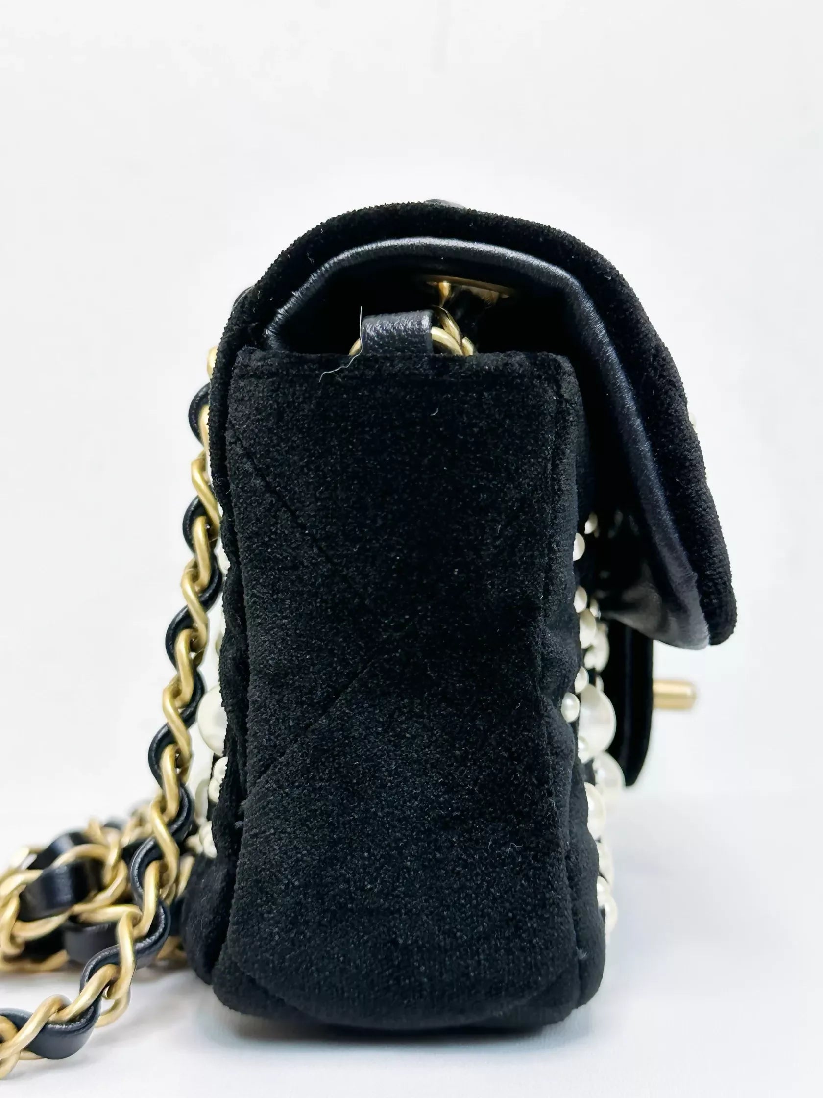 Chanel 2022 Mini Flap Bag in Black Velvet with Pearls and Gold Hardware