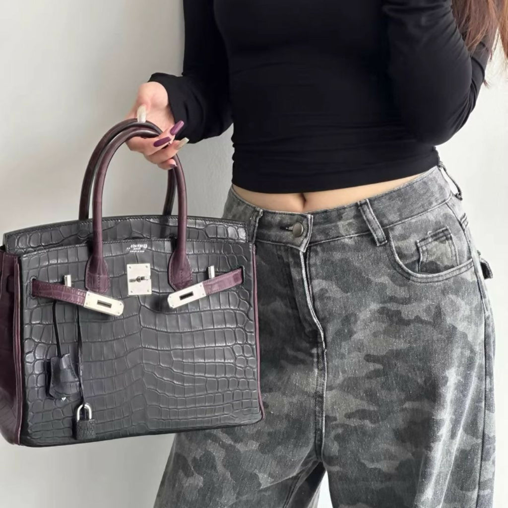 Hermès Birkin 30 Black & Purple Matte Crocodile leather with palladium Hardware