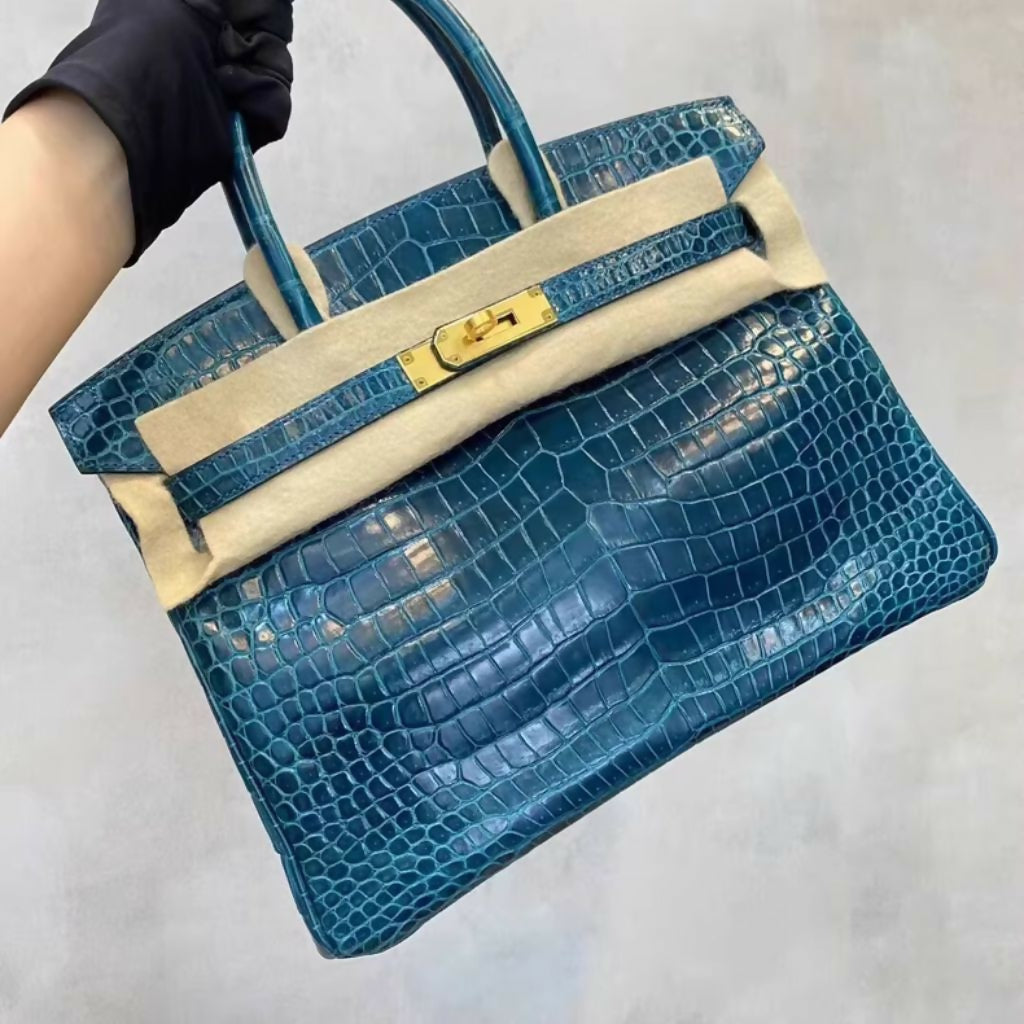 Hermes birkin 30 Blue Paon Shiny Crocodile Leather Gold Hardware