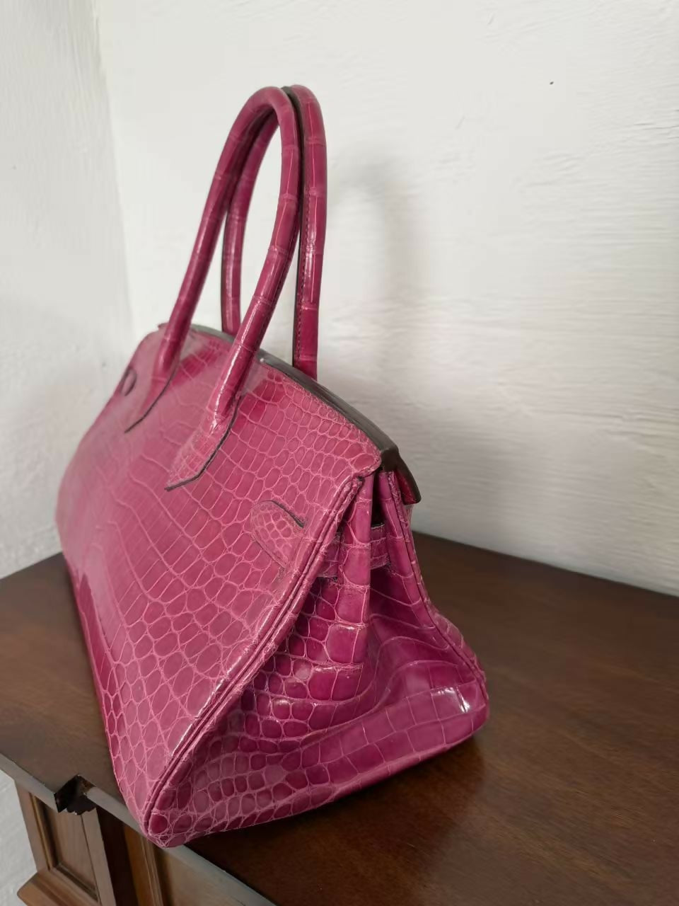 Hermes Birkin shoulder Rose Scheherazade Pink Crocodile Leather Palladium Hardware