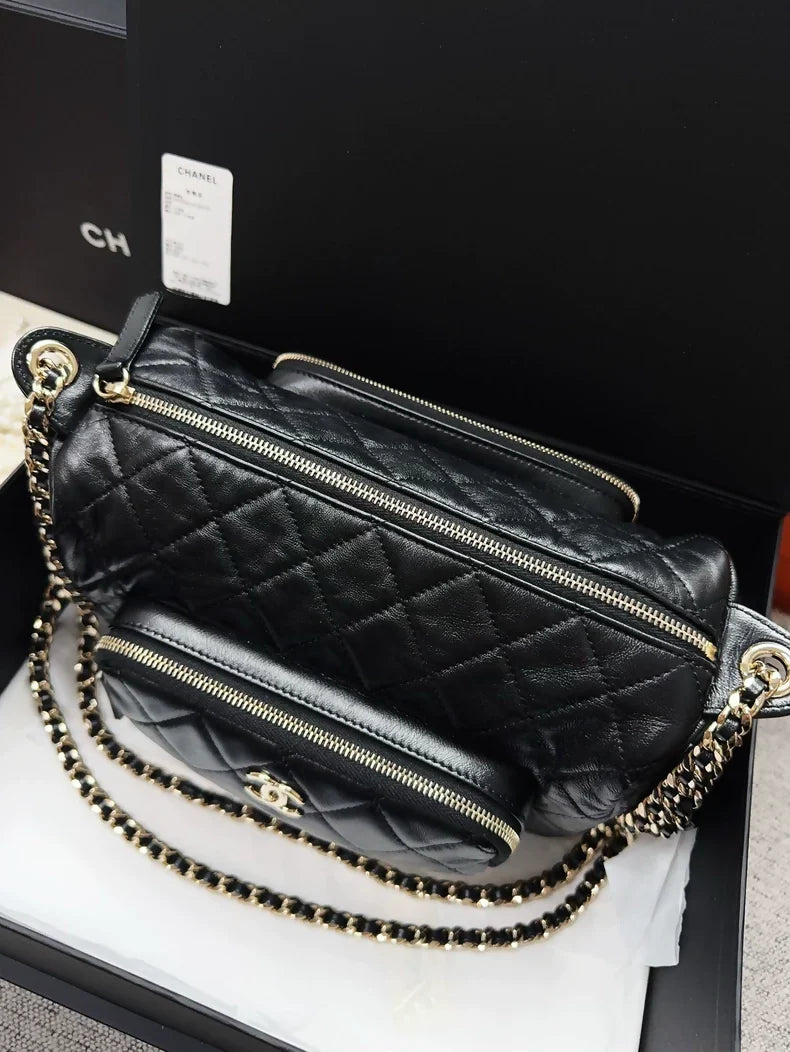 Chanel 24K Black Sheepskin Diamond Pattern Large Size Chain Bag