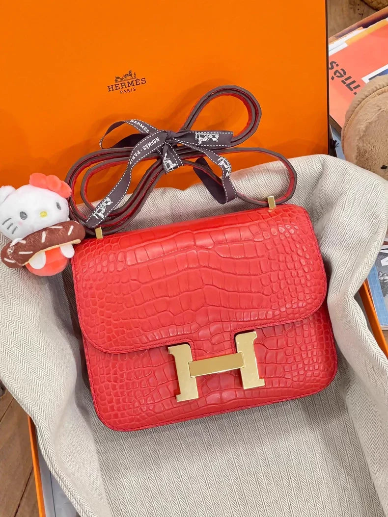 Hermès Constance Mini A5 azalea red, matte crocodile leather gold hardware