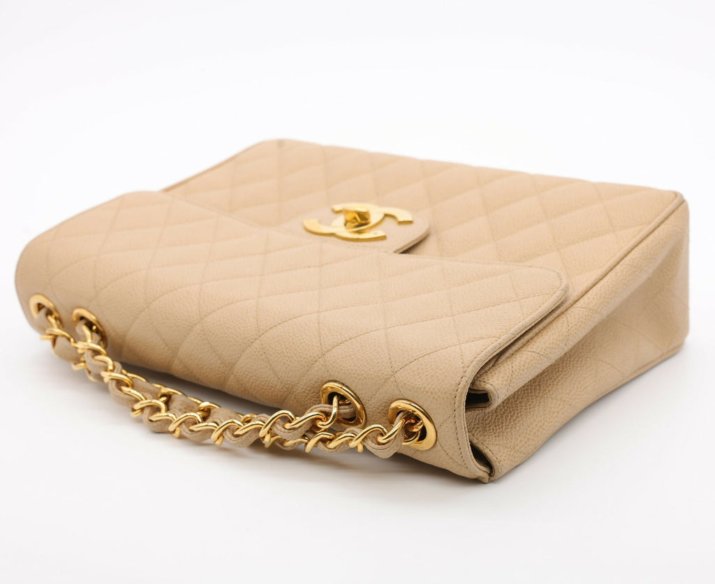 Chanel Vintage 1990s Caviar Dark Beige Jumbo Single Classic Flap Bag