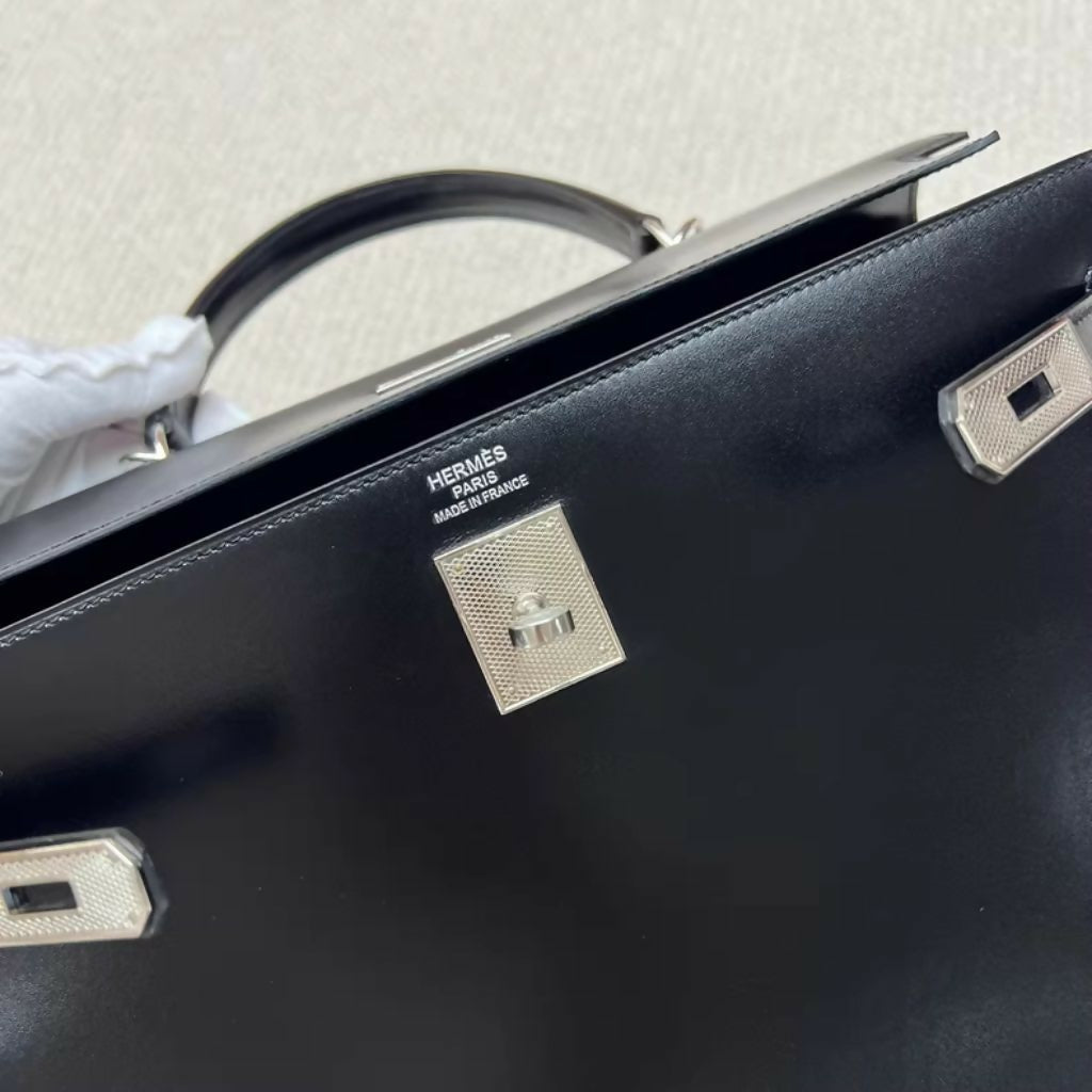 Hermès Kelly 35 Black Box Leather Palladium Guilloche Hardware
