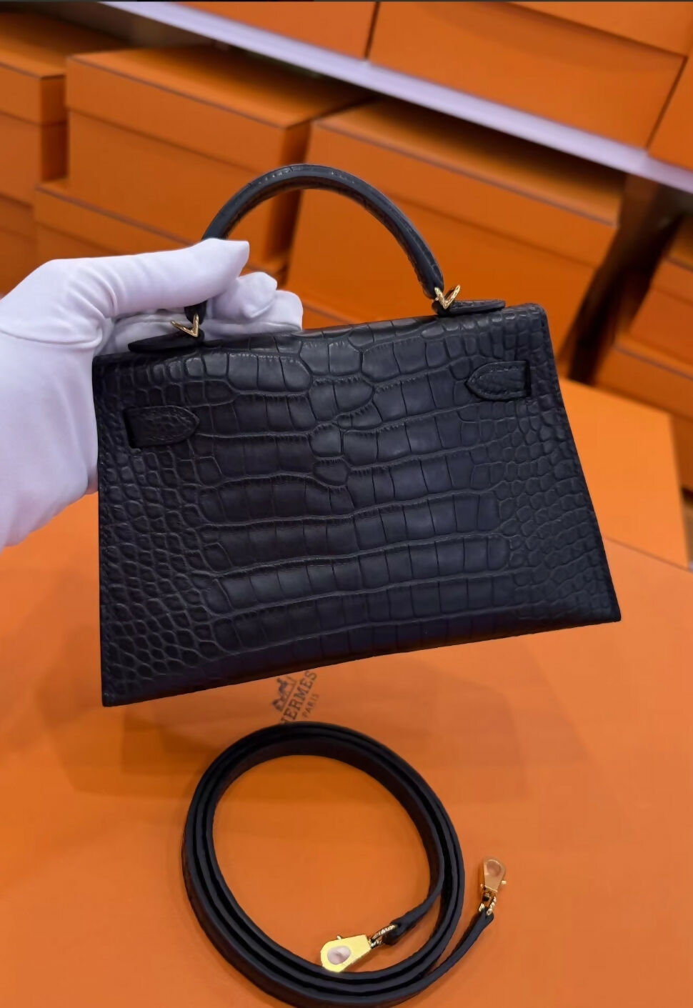 Hermes Mini Kelly Black Matte Crocodile Leather Gold Hardware
