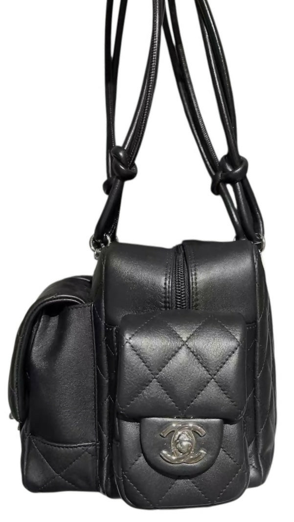 Chanel 2005 Small Cambon Reporter Black Lambskin Handbag SHW