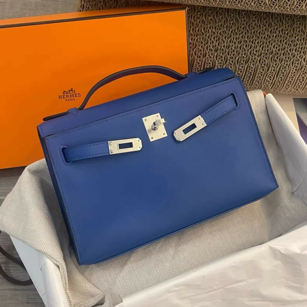 Hermès Kelly pochette Blue swift leather with palladium hardware