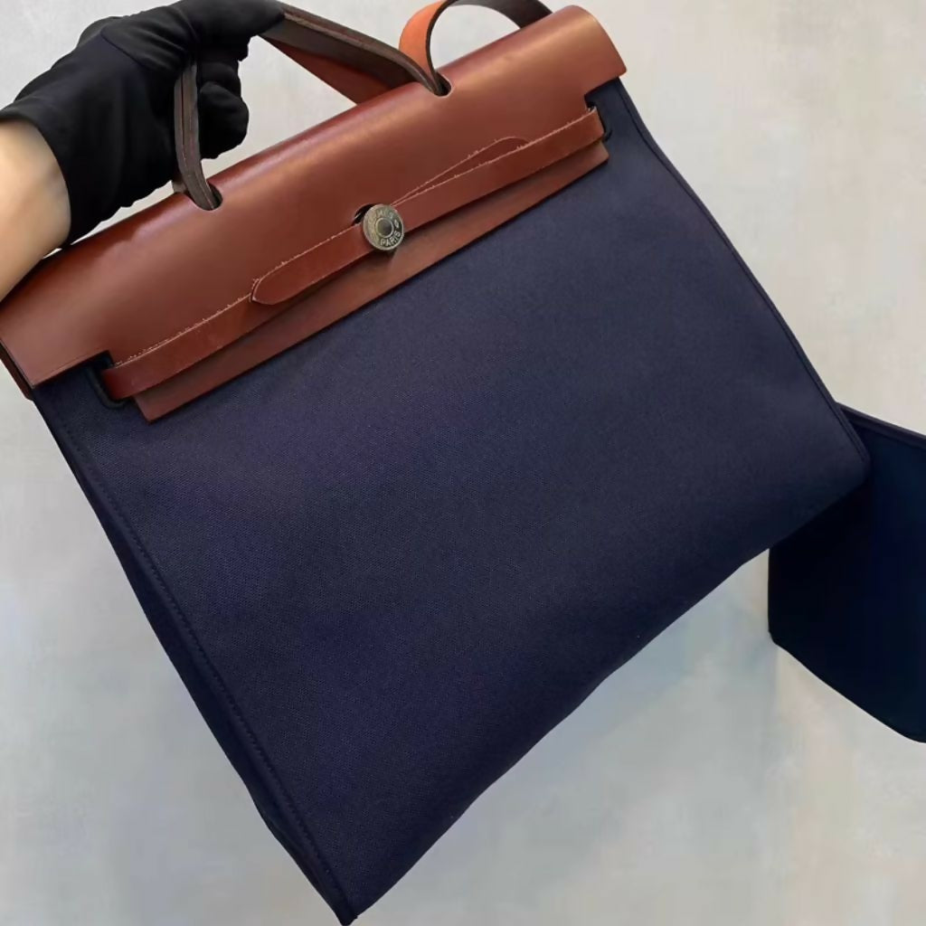 Hermes Blue/Brown Canvas and Leather Herbag Zip 39 Bag