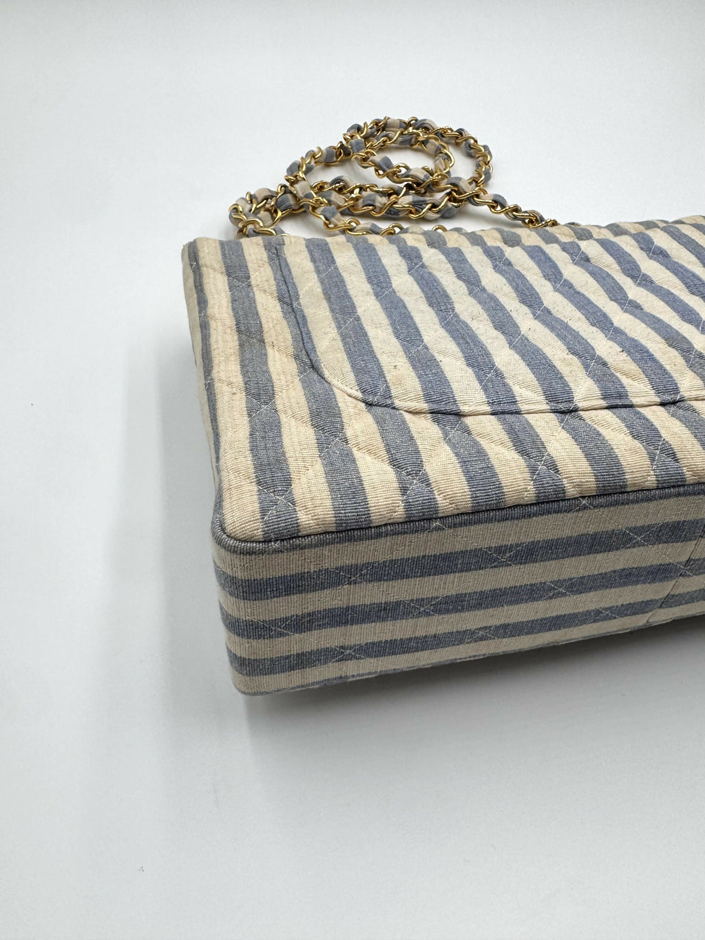 Chanel Vintage 1990s Blue and White Striped Linen Jumbo Single Classic Flap Bag