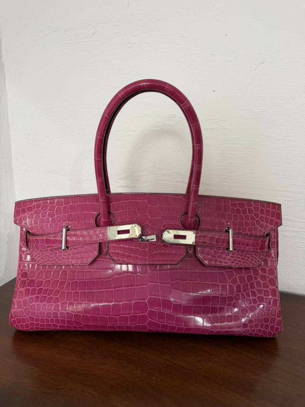 Hermes Birkin shoulder Rose Scheherazade Pink Crocodile Leather Palladium Hardware