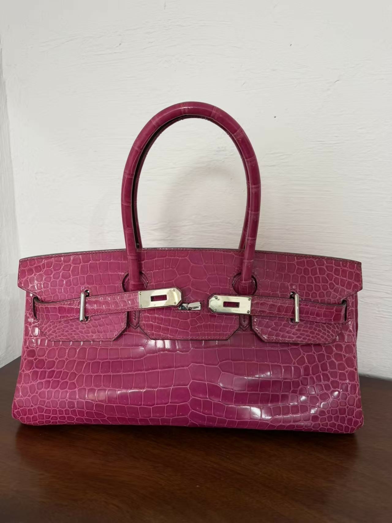 Hermes Birkin shoulder Rose Scheherazade Pink Crocodile Leather Palladium Hardware