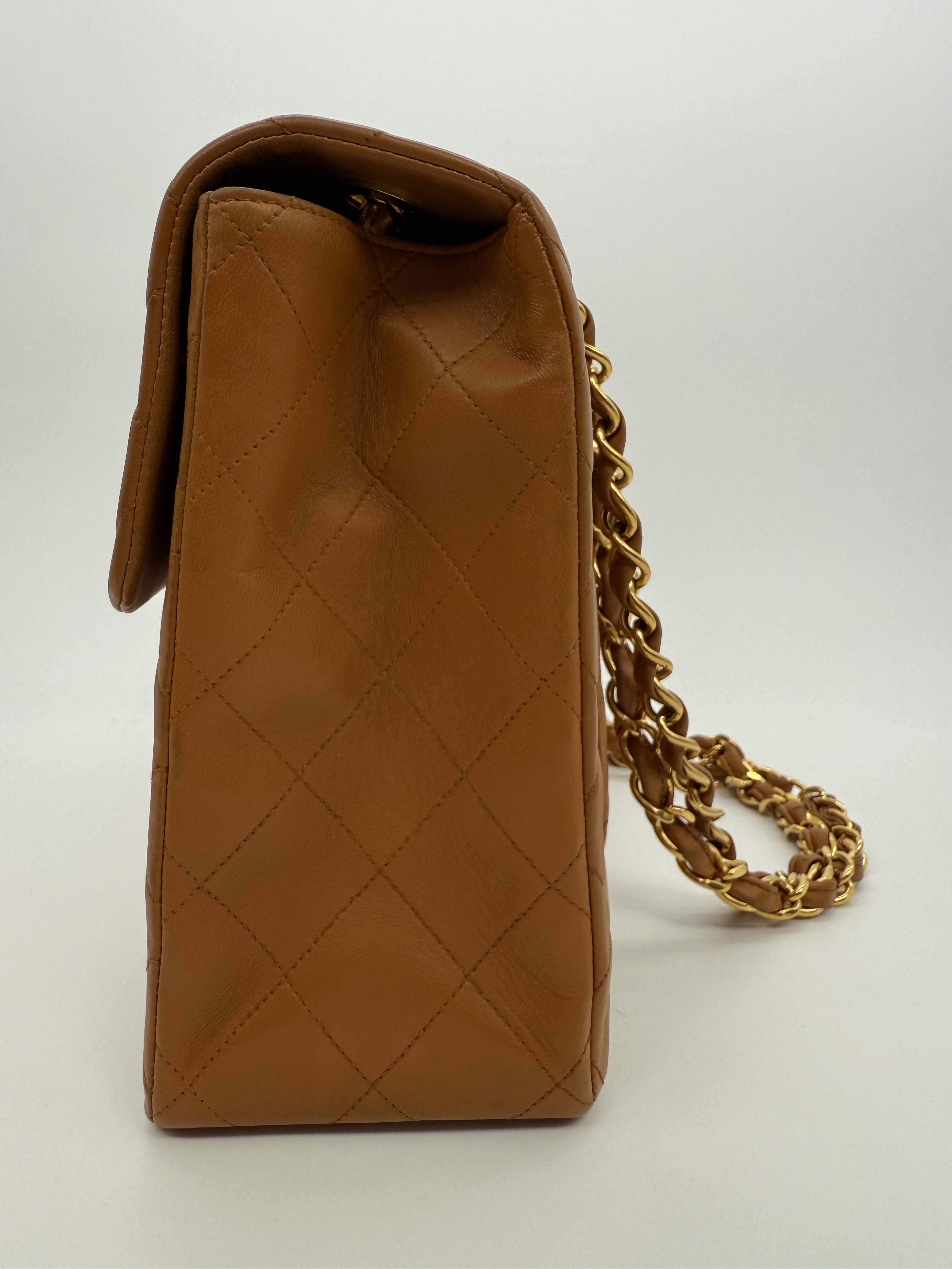 Chanel Vintage 1990s Caramel Brown Lambskin Maxi Single Classic Flap Bag - Series 2