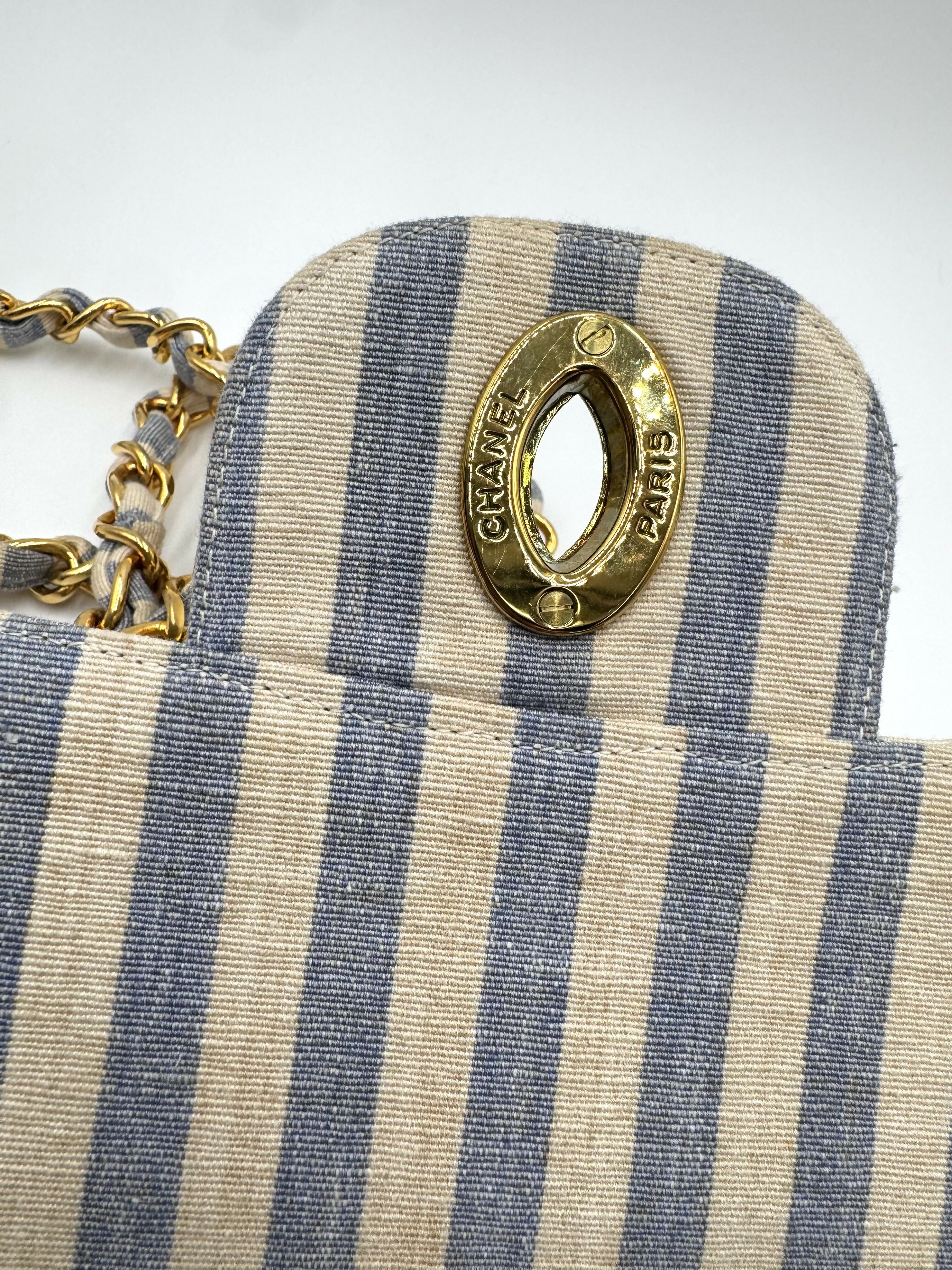 Chanel Vintage 1990s Blue and White Striped Linen Jumbo Single Classic Flap Bag