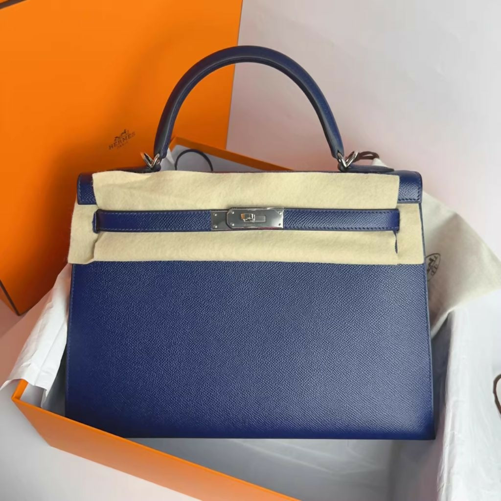 Hermès Kelly 32 Blue navy Epsom Leather Palladium hardware